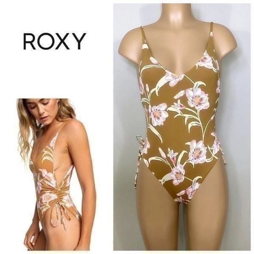 Roxy Brown Floral One-Piece Swimsuit with Pink Flowers